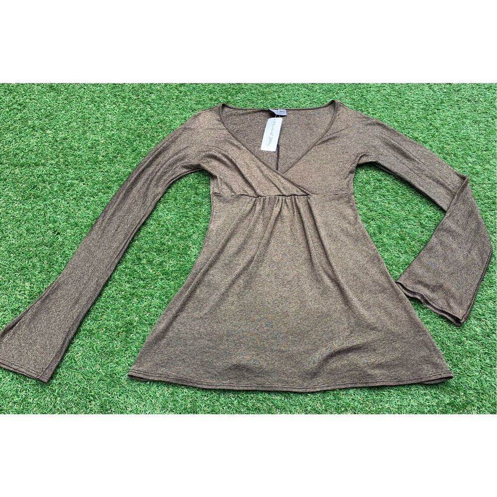 NWT NEW Michael Stars WRAP V NECK BELL SLEEVE BROWN SHINE Shirt Tunic Top O/S